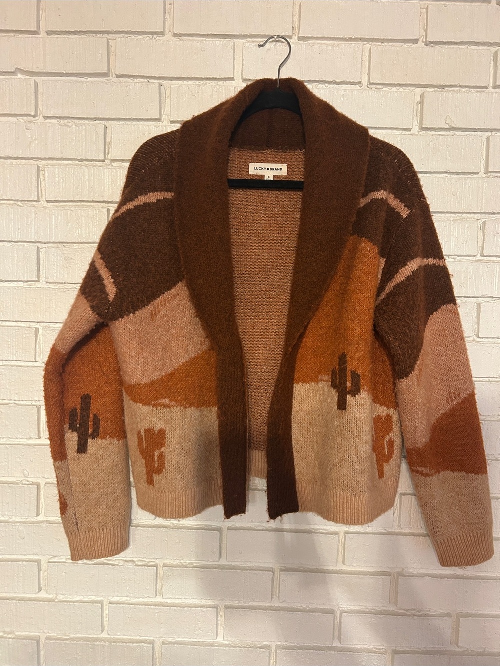 Lucky Brand Brown & Rust Desert,Cactus, horse Shawl Collar Cardigan